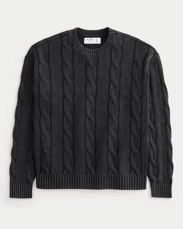 Boxy Washed Cable-Knit Crew Sweater