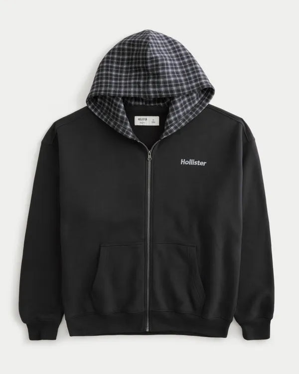 Boxy Plaid Hood Zip-Up Hoodie