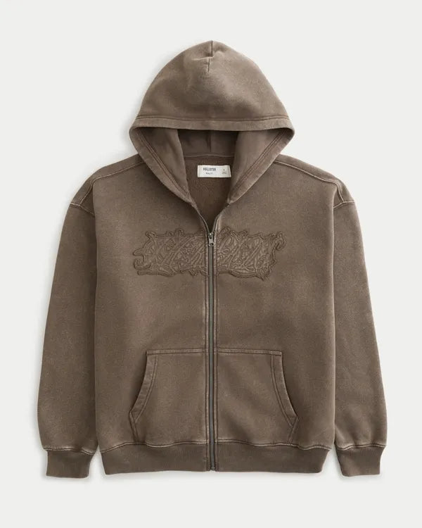 Boxy Zip-Up Graphic Hoodie