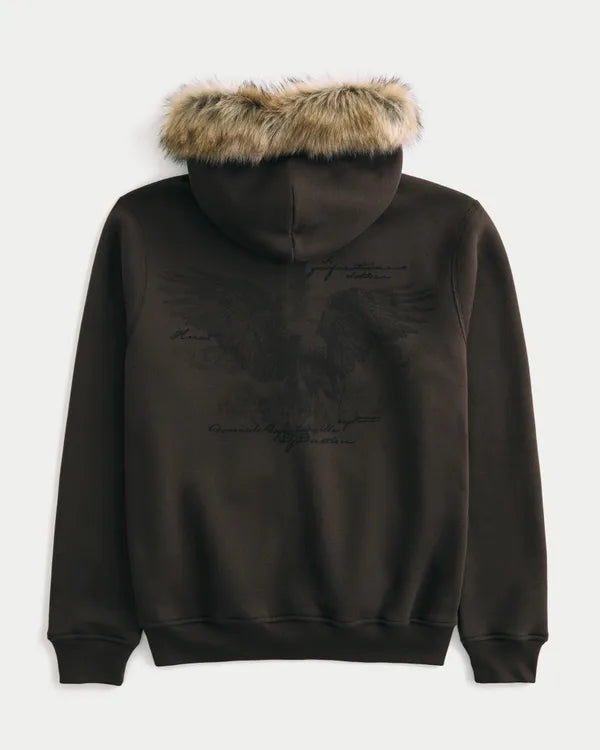 Hollister Feel Good Faux Fur Trim Zip-Up Graphic Hoodie