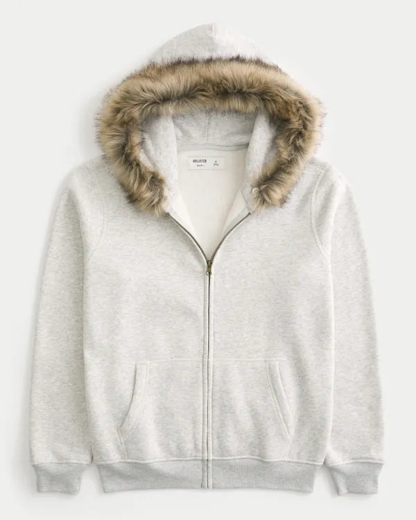 Hollister Feel Good Faux Fur Trim Zip-Up Hoodie