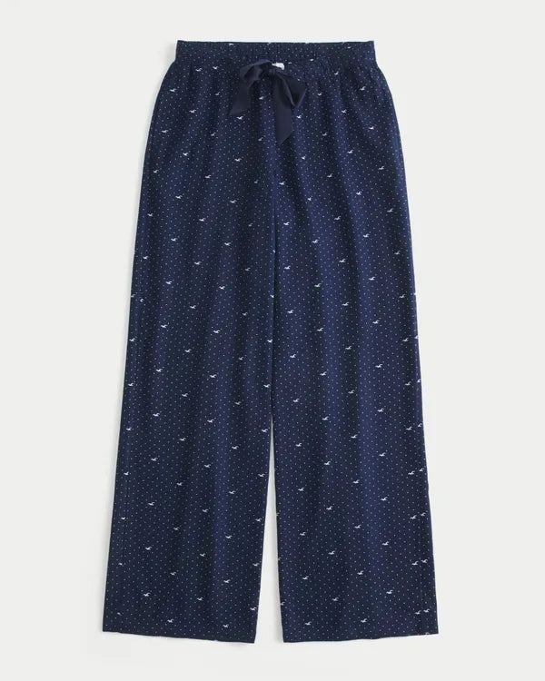 Flannel Satin Tie Wide-Leg Pants