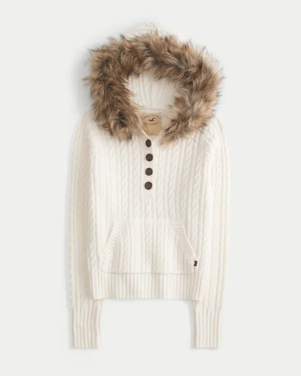 Faux Fur Trim Hooded Henley Sweater