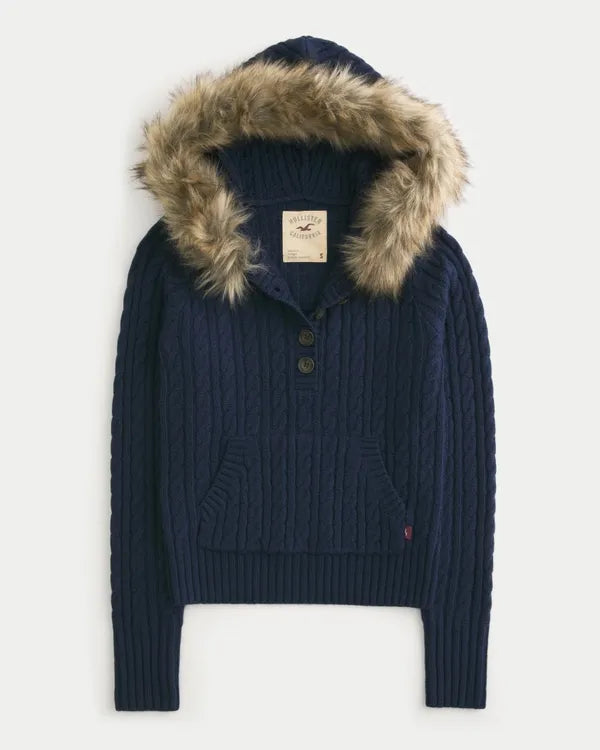 Faux Fur Trim Hooded Henley Sweater