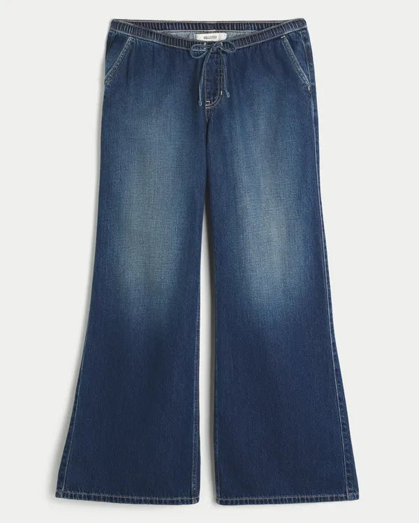 Ultra Low-Rise Drapey Pull-On Wide-Leg Jeans
