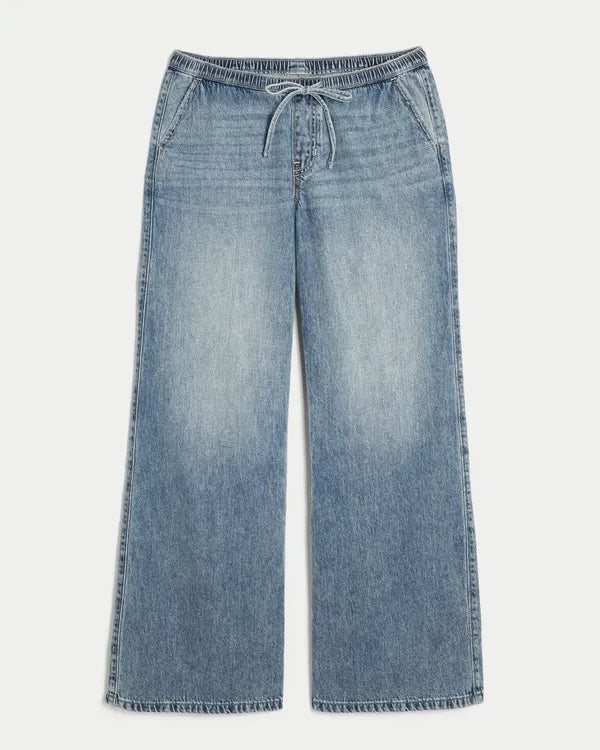 Ultra Low-Rise Drapey Pull-On Wide-Leg Jeans