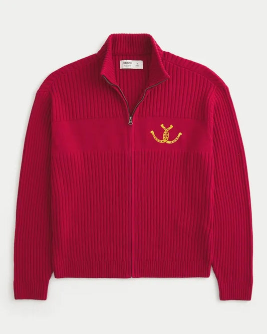 Relaxed Zip-Up Horseshoe Graphic Sweater