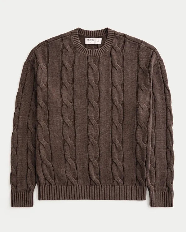 Boxy Washed Cable-Knit Crew Sweater