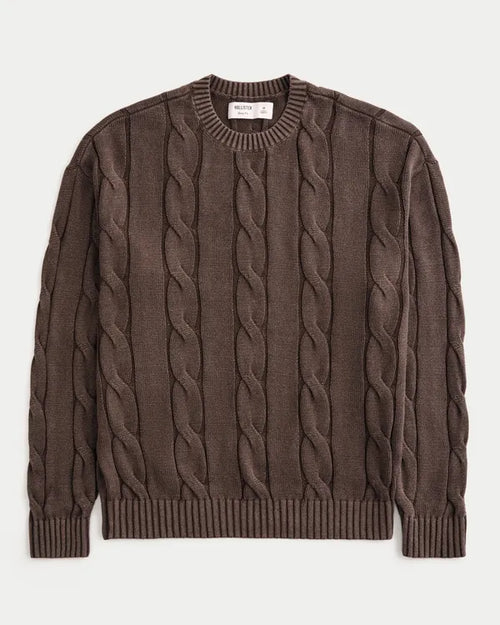 Boxy Washed Cable-Knit Crew Sweater