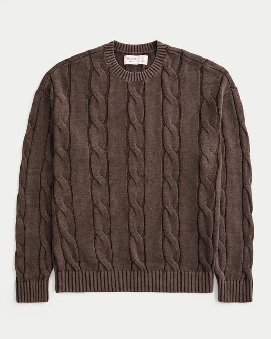 Boxy Washed Cable-Knit Crew Sweater