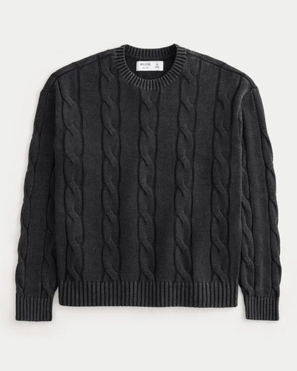 Boxy Washed Cable-Knit Crew Sweater