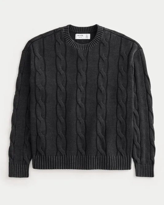 Boxy Washed Cable-Knit Crew Sweater
