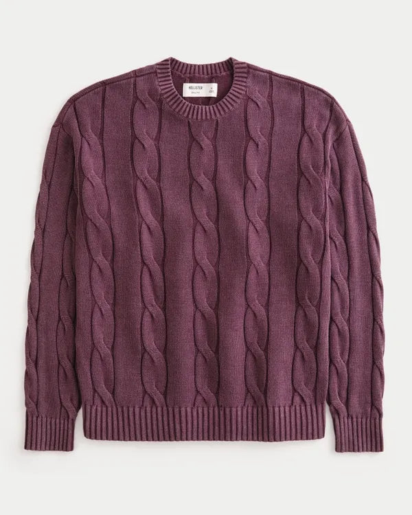 Boxy Washed Cable-Knit Crew Sweater