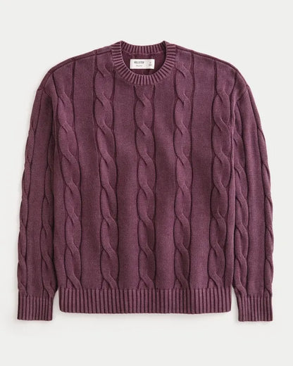 Boxy Washed Cable-Knit Crew Sweater