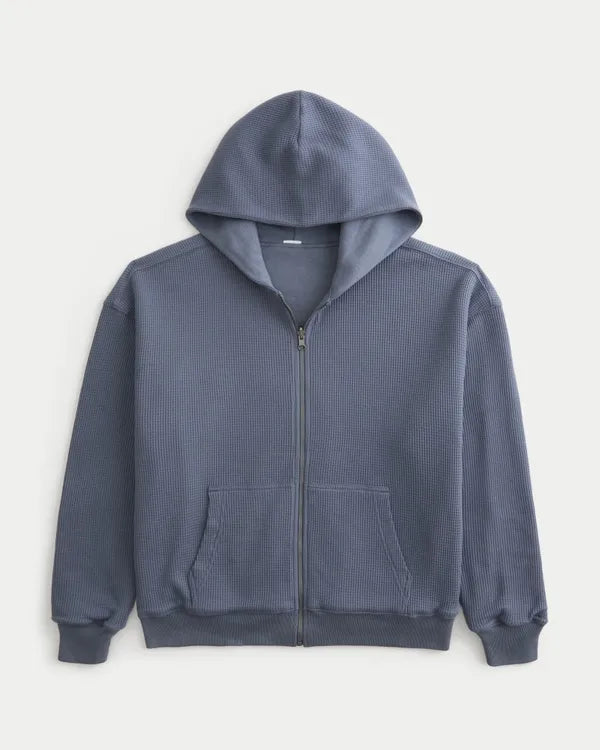 Reversible Waffle-Lined Zip-Up Hoodie