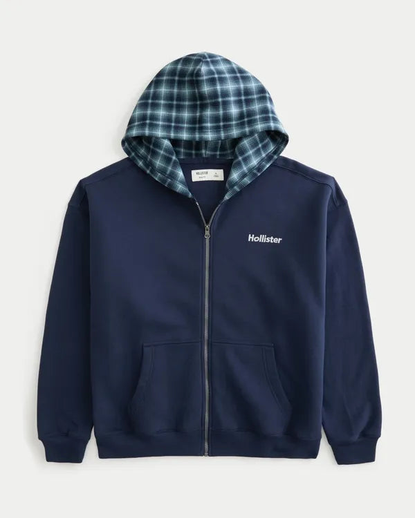 Boxy Plaid Hood Zip-Up Hoodie