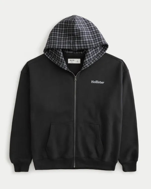 Boxy Plaid Hood Zip-Up Hoodie