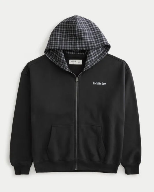 Boxy Plaid Hood Zip-Up Hoodie