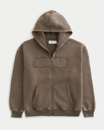 Boxy Zip-Up Graphic Hoodie