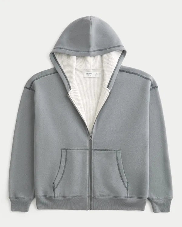 Boxy Thermal-Lined Zip-Up Hoodie