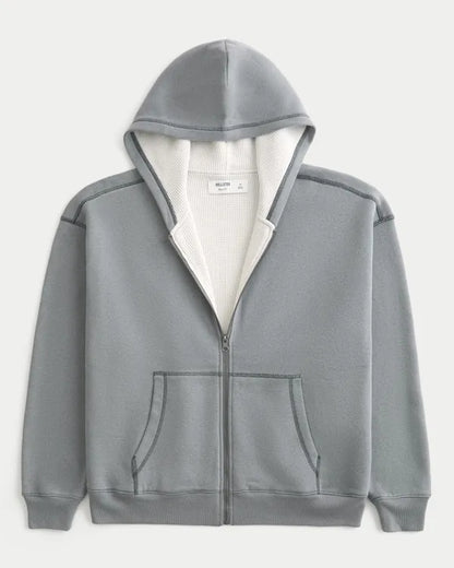 Boxy Thermal-Lined Zip-Up Hoodie
