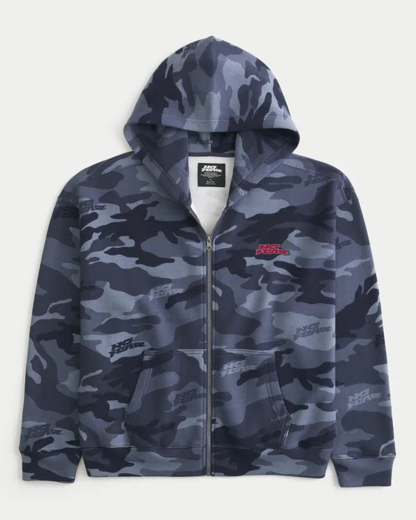 Boxy Zip-Up No Fear Graphic Camo Hoodie