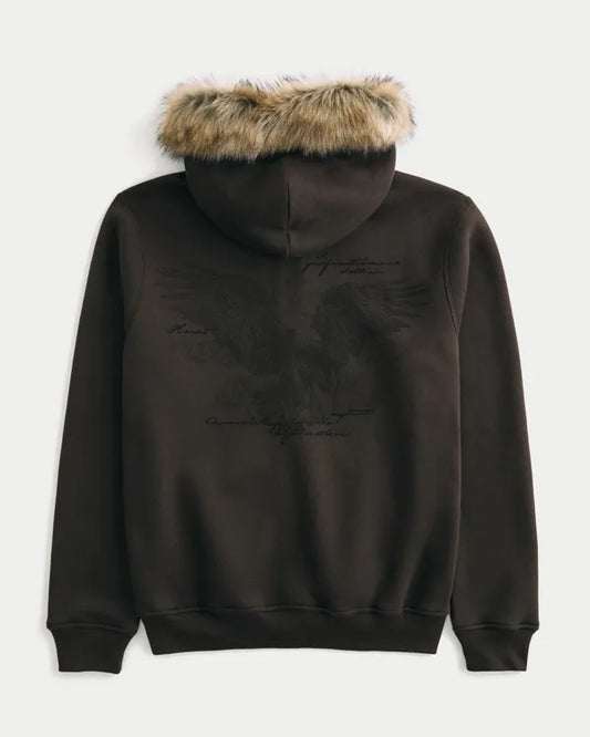 Hollister Feel Good Faux Fur Trim Zip-Up Graphic Hoodie