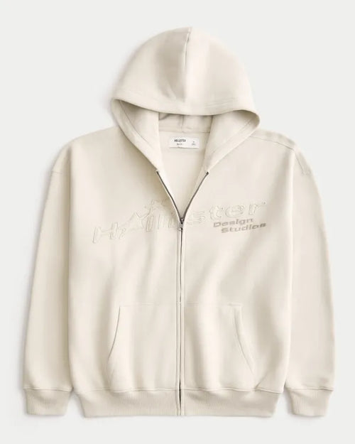 Boxy Zip-Up Logo Graphic Hoodie