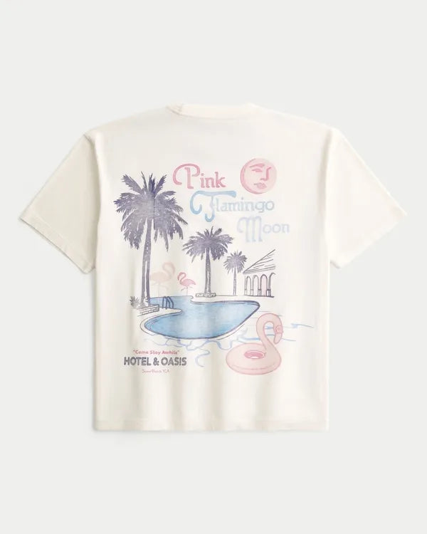 Boxy Cotton Pink Flamingo Moon Graphic Tee