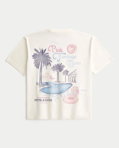 Boxy Cotton Pink Flamingo Moon Graphic Tee