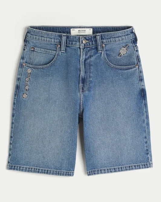 Dark Wash Embroidered Baggy Jean Shorts