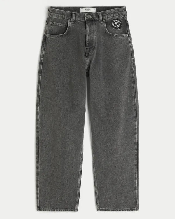 Sun & Skull Embroidery Skater Baggy Jeans