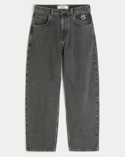 Sun & Skull Embroidery Skater Baggy Jeans