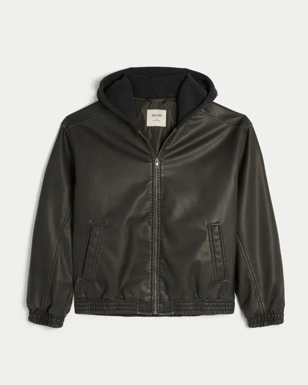 Faux Leather Fleece Hood Bomber Jacket