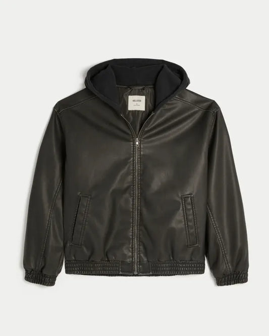 Faux Leather Fleece Hood Bomber Jacket