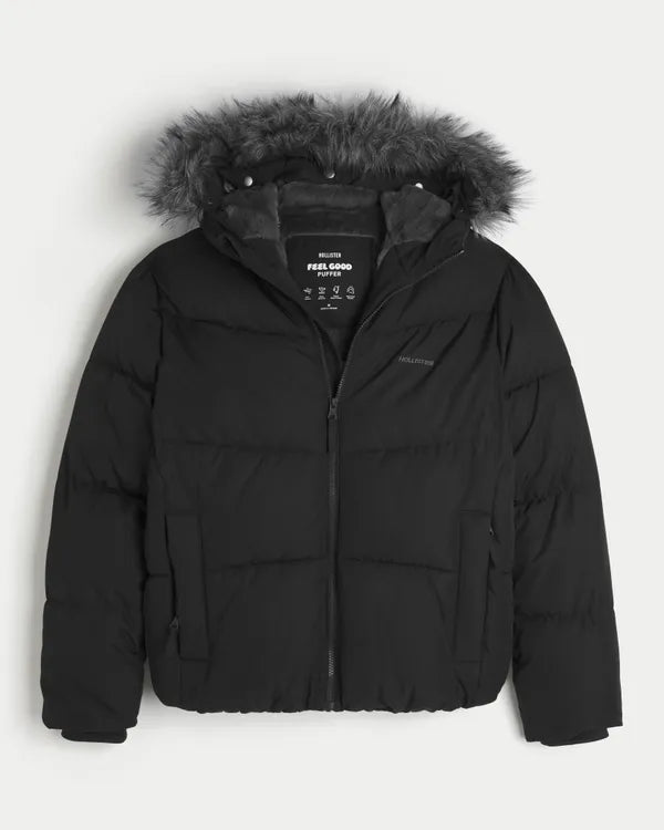 Hollister Feel Good Faux Fur Trim Puffer Jacket
