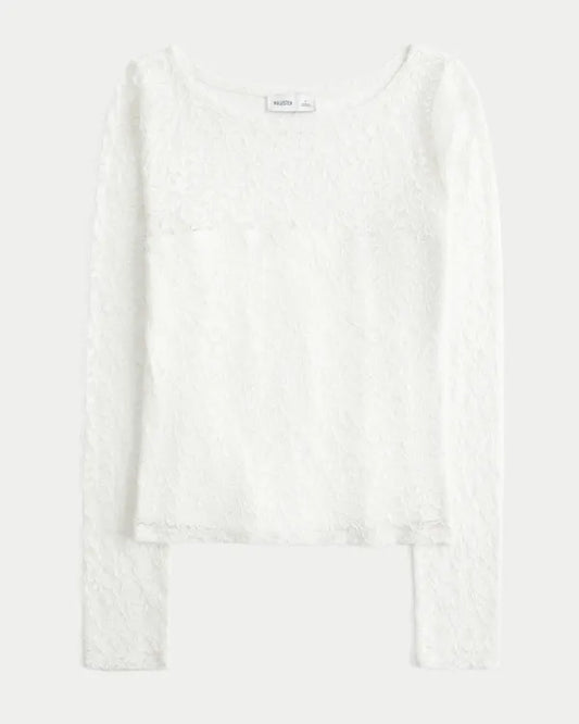 All-Over Lace Slash-Neck Top