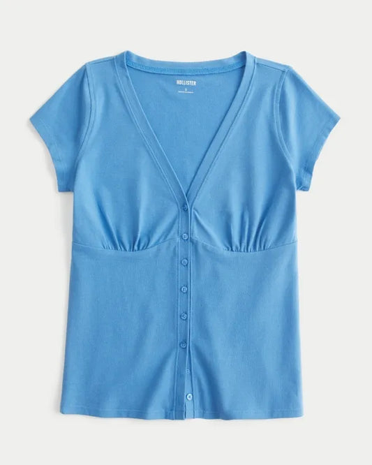 Short-Sleeve V-Neck Button-Through Top
