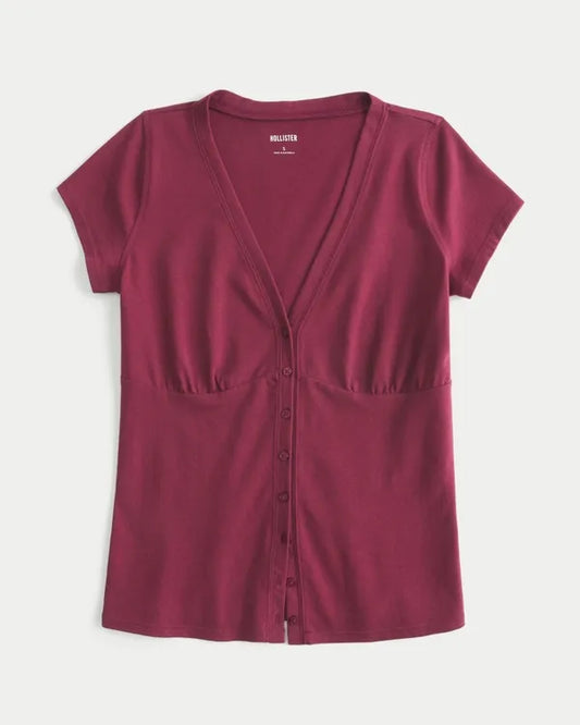 Short-Sleeve V-Neck Button-Through Top