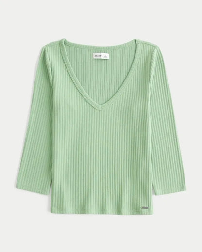 Textural Three-Quarter Sleeve V-Neck Top