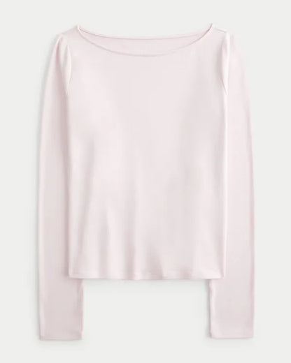 Long-Sleeve Smooth Seamless Fabric Slash-Neck Top