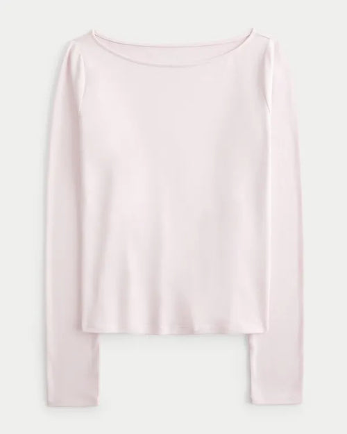 Long-Sleeve Smooth Seamless Fabric Slash-Neck Top