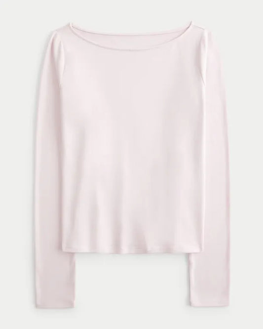 Long-Sleeve Smooth Seamless Fabric Slash-Neck Top
