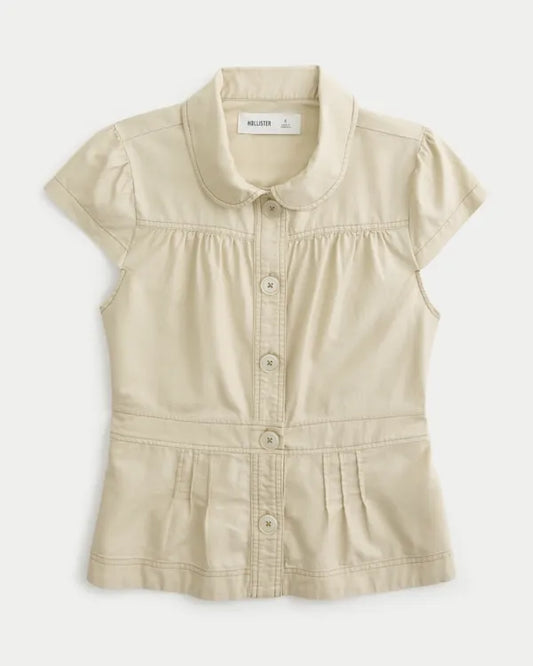 Short Sleeve Twill Peter Pan Collar Shirt