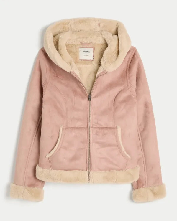 Faux Fur-Lined Faux Shearling Hoodie Jacket