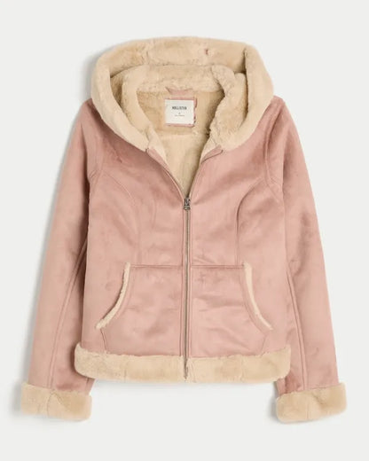Faux Fur-Lined Faux Shearling Hoodie Jacket