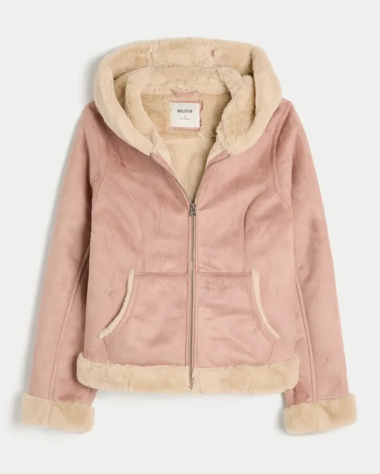 Faux Fur-Lined Faux Shearling Hoodie Jacket