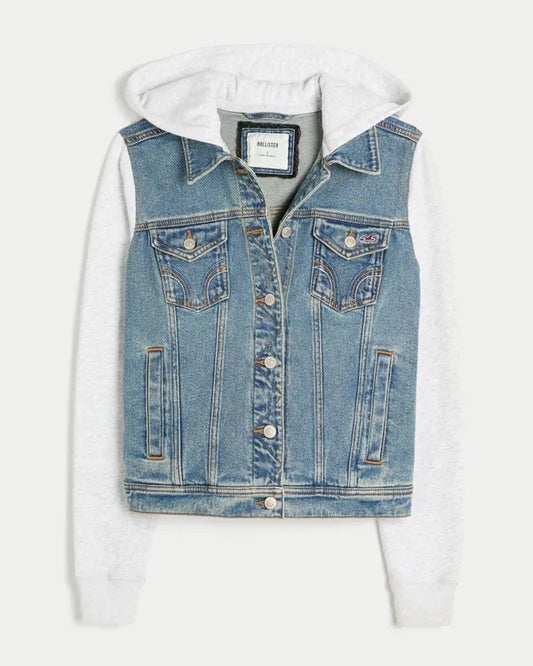 Layered Fleece-Denim Hoodie