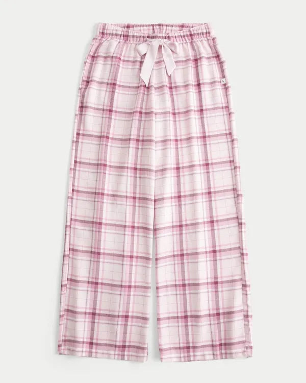 Satin Tie Flannel Wide-Leg Pants