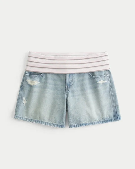 Ultra Low-Rise Foldover Waist Distressed Baggy Jean Shorts